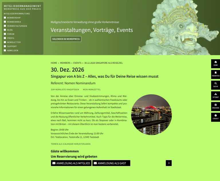 Detailansicht einer Veranstaltung mit iCal und Differenzierung hinsichtlich des Status für Reservierung © Internet-Marketing