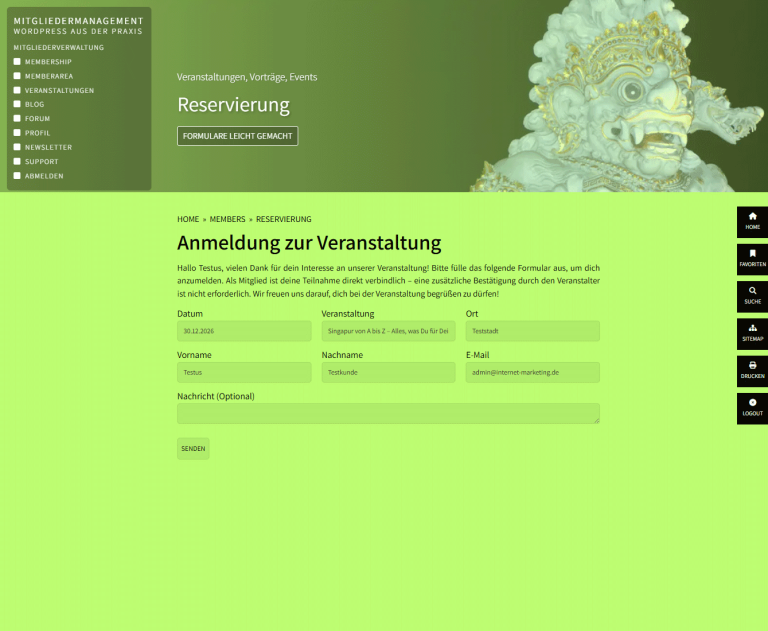 Reservierung als Mitglied mit persönlicher Anrede, Felder sind bereits automatisch ausgefüllt, auf Sicherheitsmaßnahmen wie Captcha kann verzichtet werden © Internet-Marketing