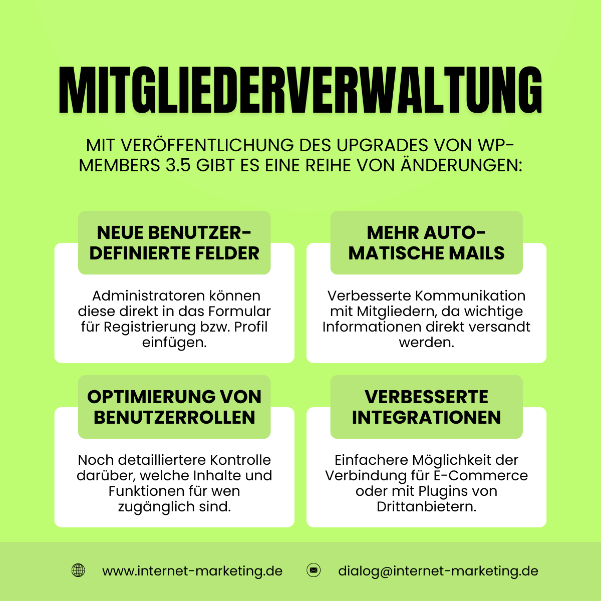 Die erweiterte Unterstützung für benutzerdefinierte Felder, automatische E-Mails, verfeinerte Benutzerrollen und die verbesserten Integrationen machen Wp-Members zu einem noch vielseitigeren Tool für das Management von Mitgliederseiten auf WordPress © Internet-Marketing
